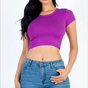 Women Purple Casual Basic Cap Sleeve Slim Fitted Round Neck Crop Tee